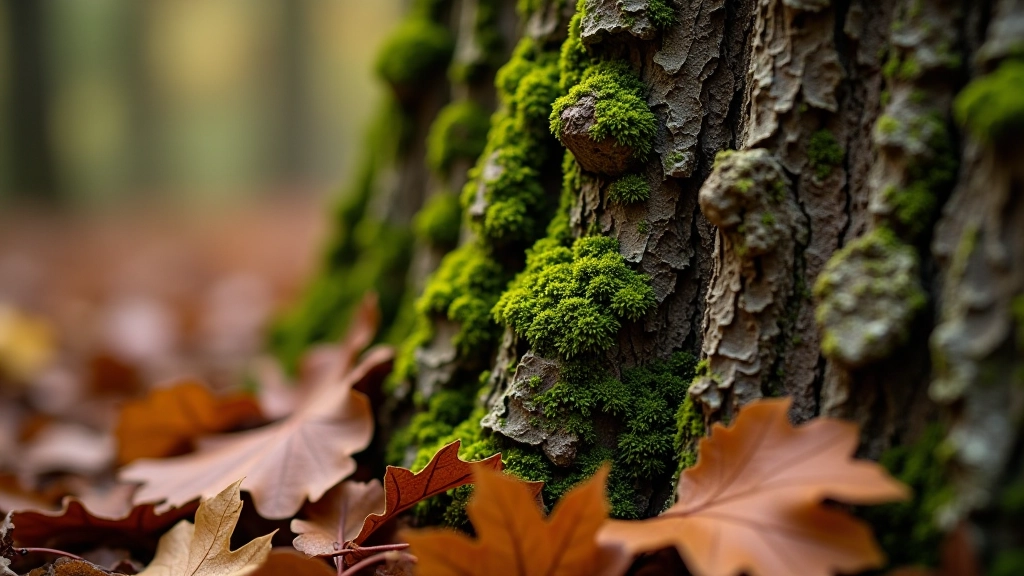 Detailní pohled na různé kůry stromů a podzimní listí v arboretě