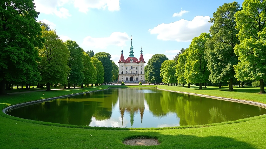 Krásný výhled na Průhonický park s historickými stavbami
