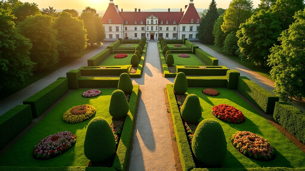 Nádherný pohled na zámeckou zahradu s geometrickými vzory z historické rostlinné sbírky